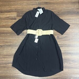 BNWT Black Button Up Dress with Ivory Braided Belt!